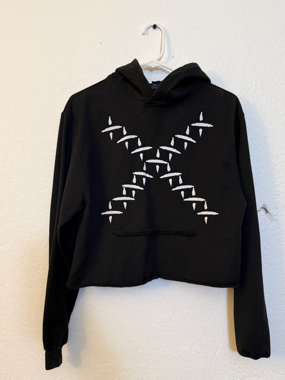 Black Cropped Hoodie with White X Graphic